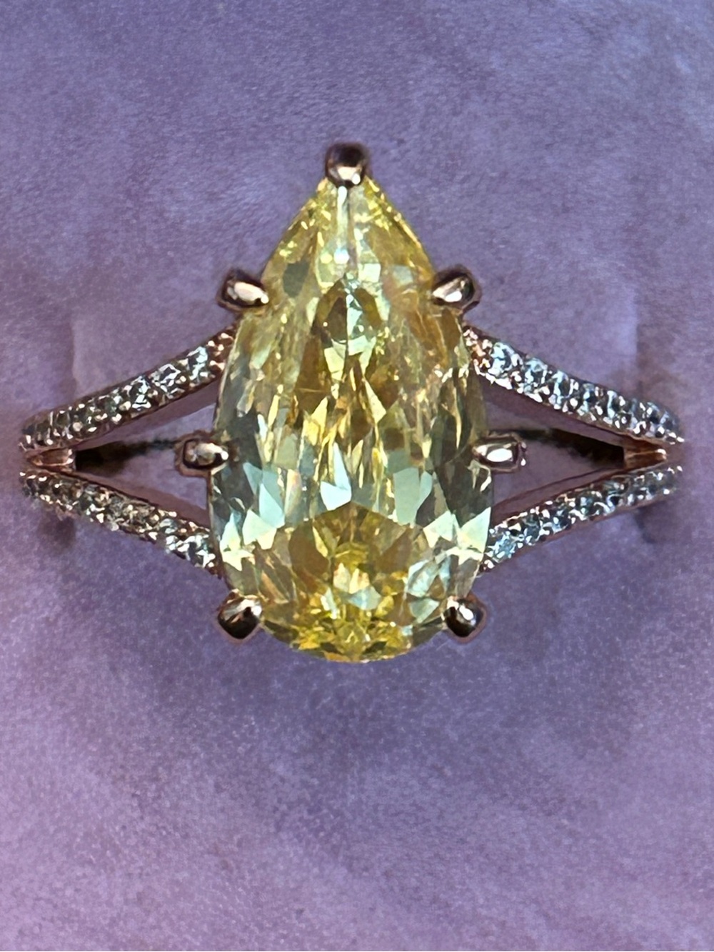 BP Radiant Yellow Pear-Cut Split-Shank Ring with Pavé Accents in Gold-tone